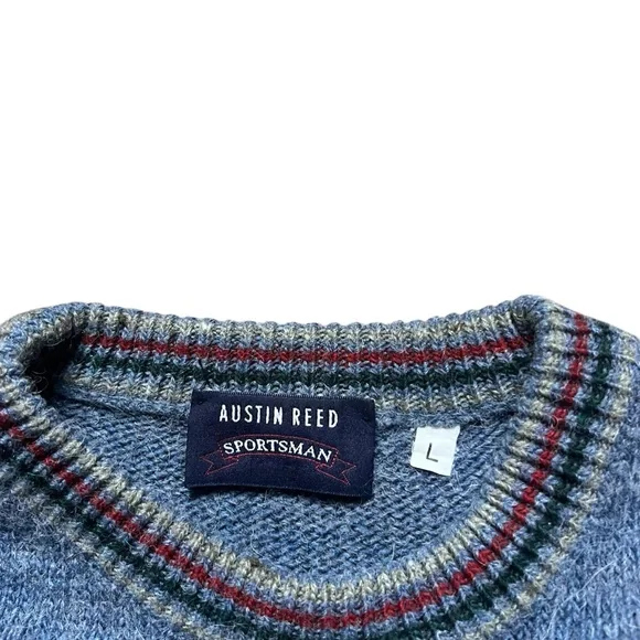 Vintage Austin Reed - Crewneck Americana Wool Sweater Cottage Grandpa Blue Large - Picture 3 of 5
